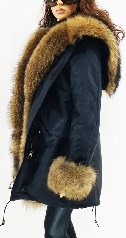 Fur Lined and Trimmed Parka Coat - Blue or Green