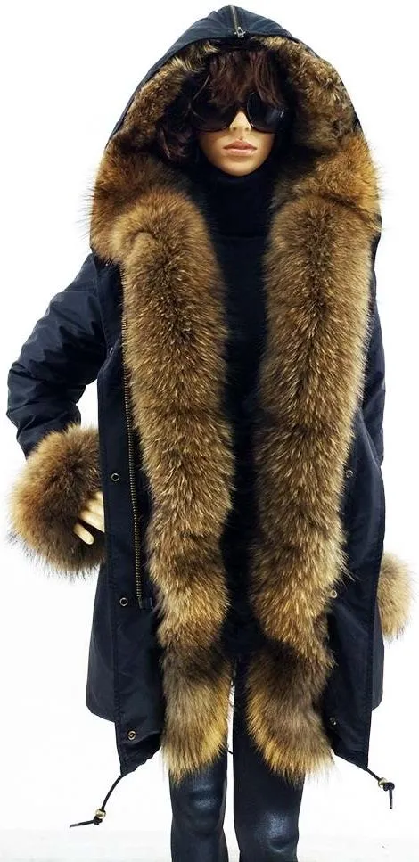 Fur Lined and Trimmed Parka Coat - Blue or Green