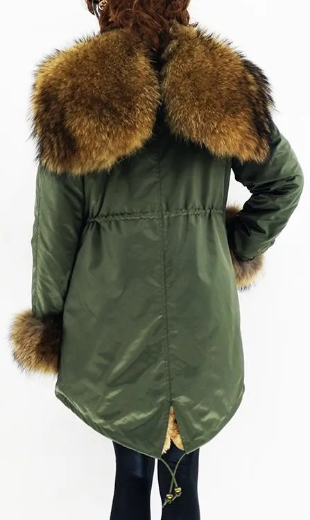 Fur Lined and Trimmed Parka Coat - Blue or Green