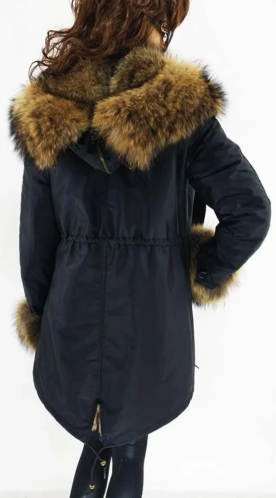 Fur Lined and Trimmed Parka Coat - Blue or Green