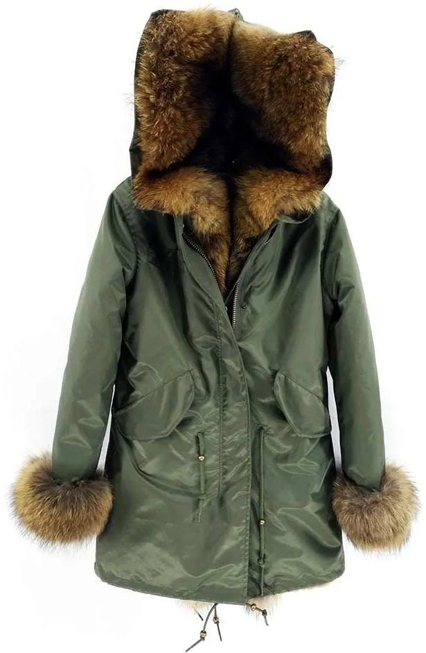 Fur Lined and Trimmed Parka Coat - Blue or Green