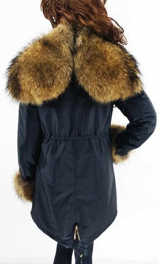 Fur Lined and Trimmed Parka Coat - Blue or Green