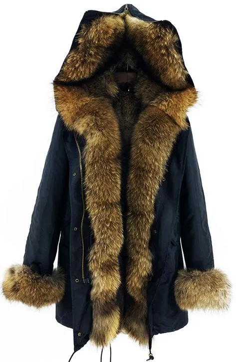 Fur Lined and Trimmed Parka Coat - Blue or Green