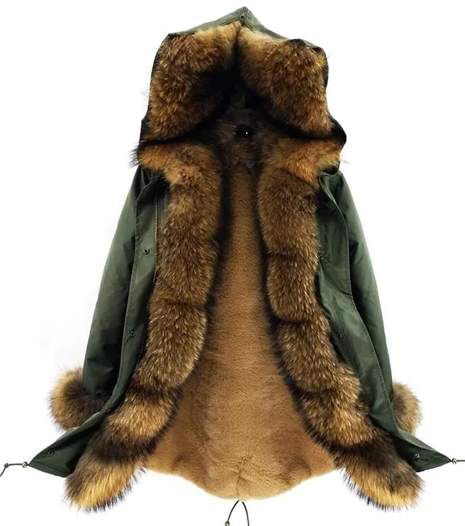 Fur Lined and Trimmed Parka Coat - Blue or Green