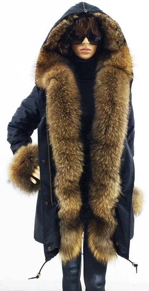 Fur Lined and Trimmed Parka Coat - Blue or Green