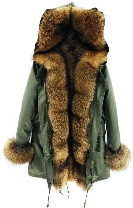 Fur Lined and Trimmed Parka Coat - Blue or Green