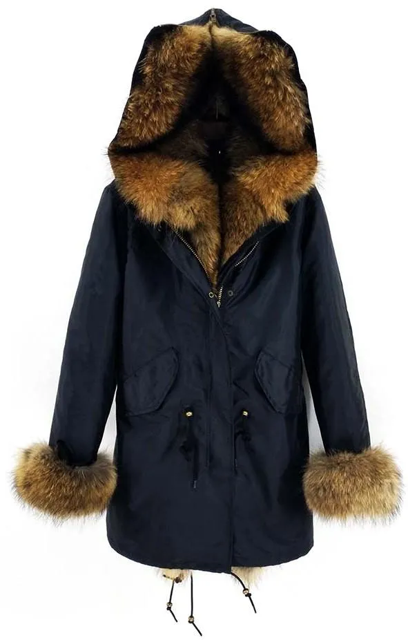 Fur Lined and Trimmed Parka Coat - Blue or Green