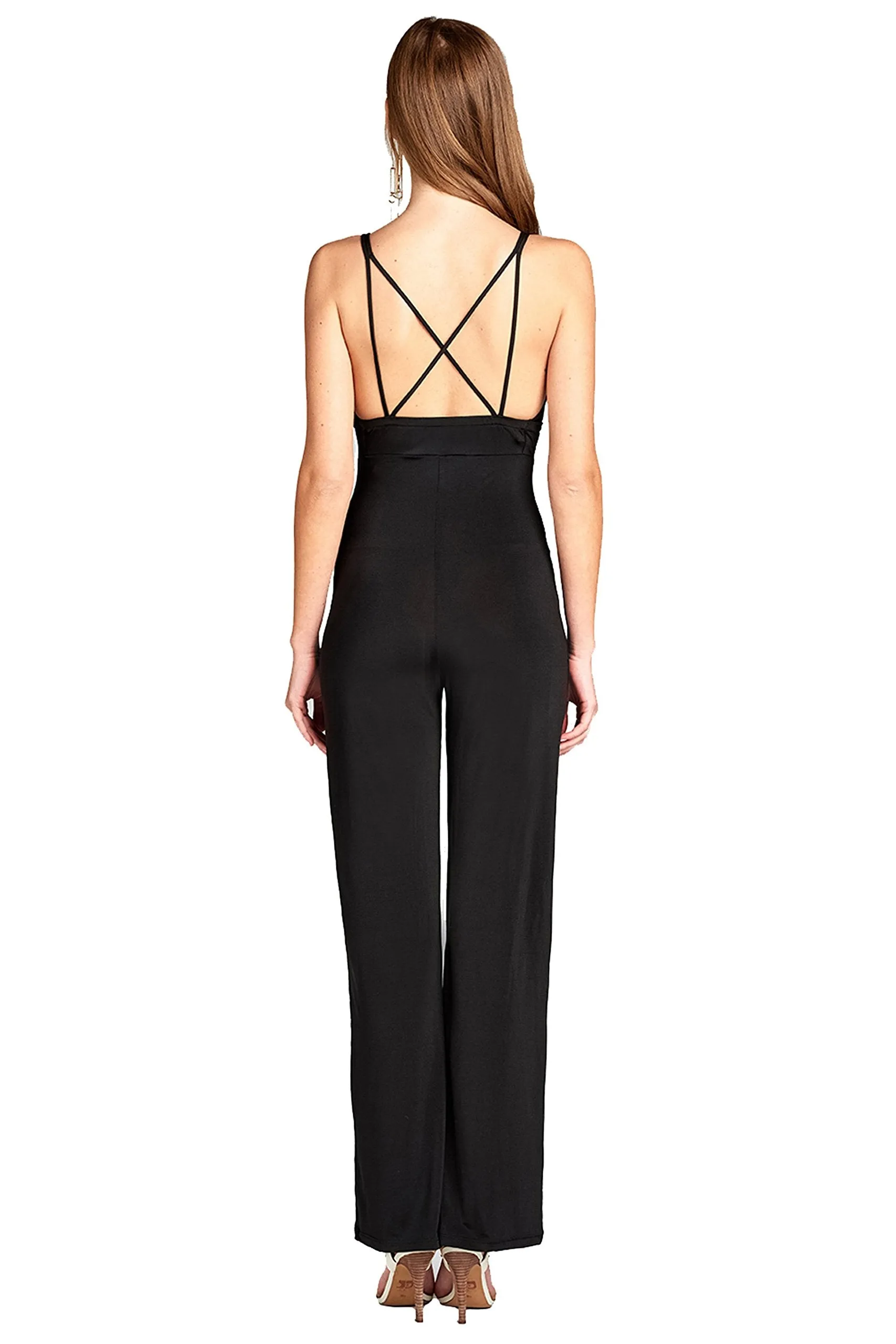 Khanomak V Neck With Back Cross Strap Long Wide Palazzo Leg Stretchy Jumpsuit