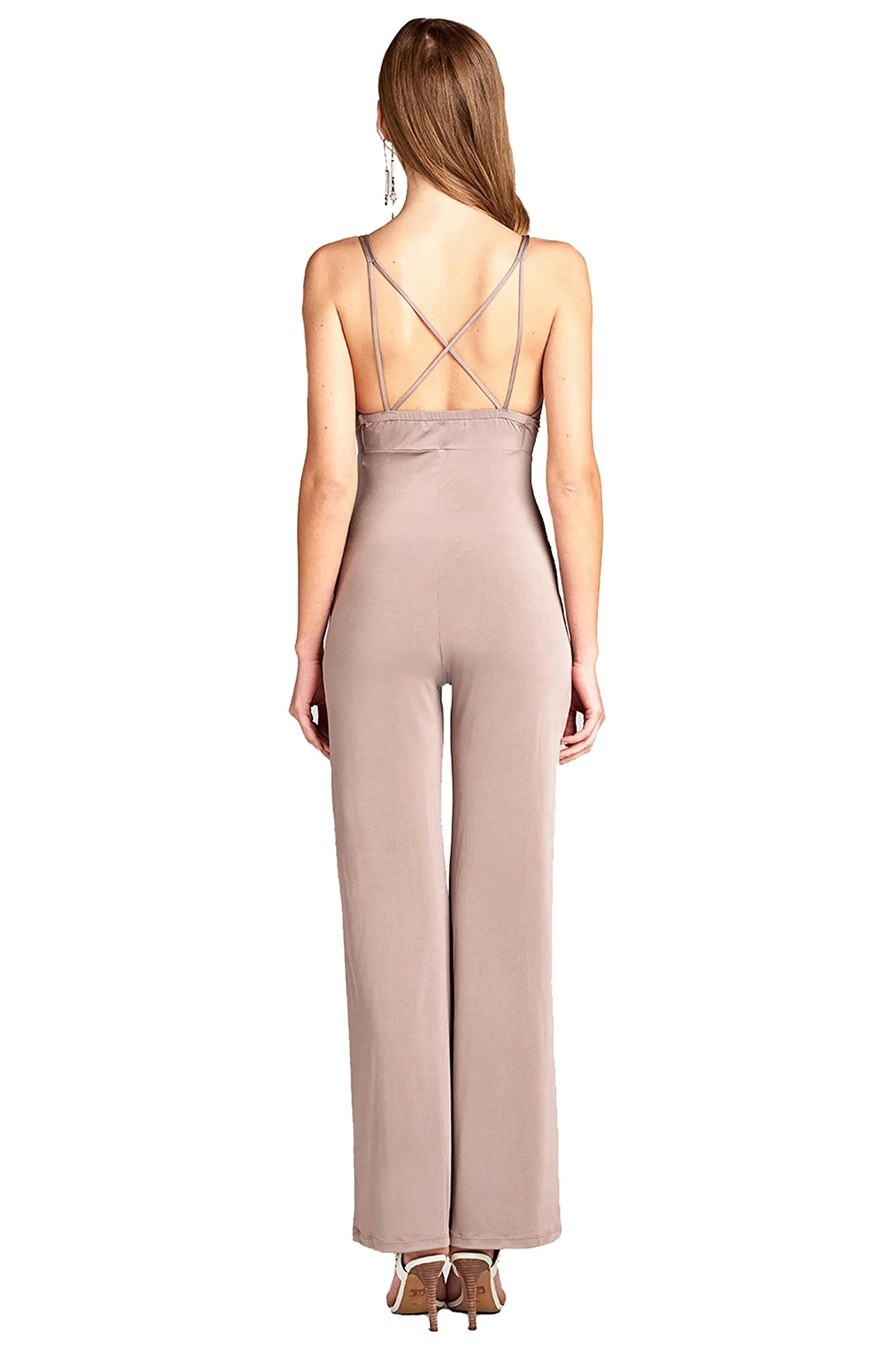 Khanomak V Neck With Back Cross Strap Long Wide Palazzo Leg Stretchy Jumpsuit