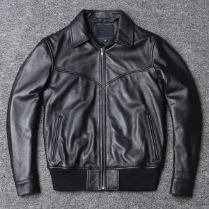 Lapel Baseball Genuine Cowhide Leather Jacket Men's