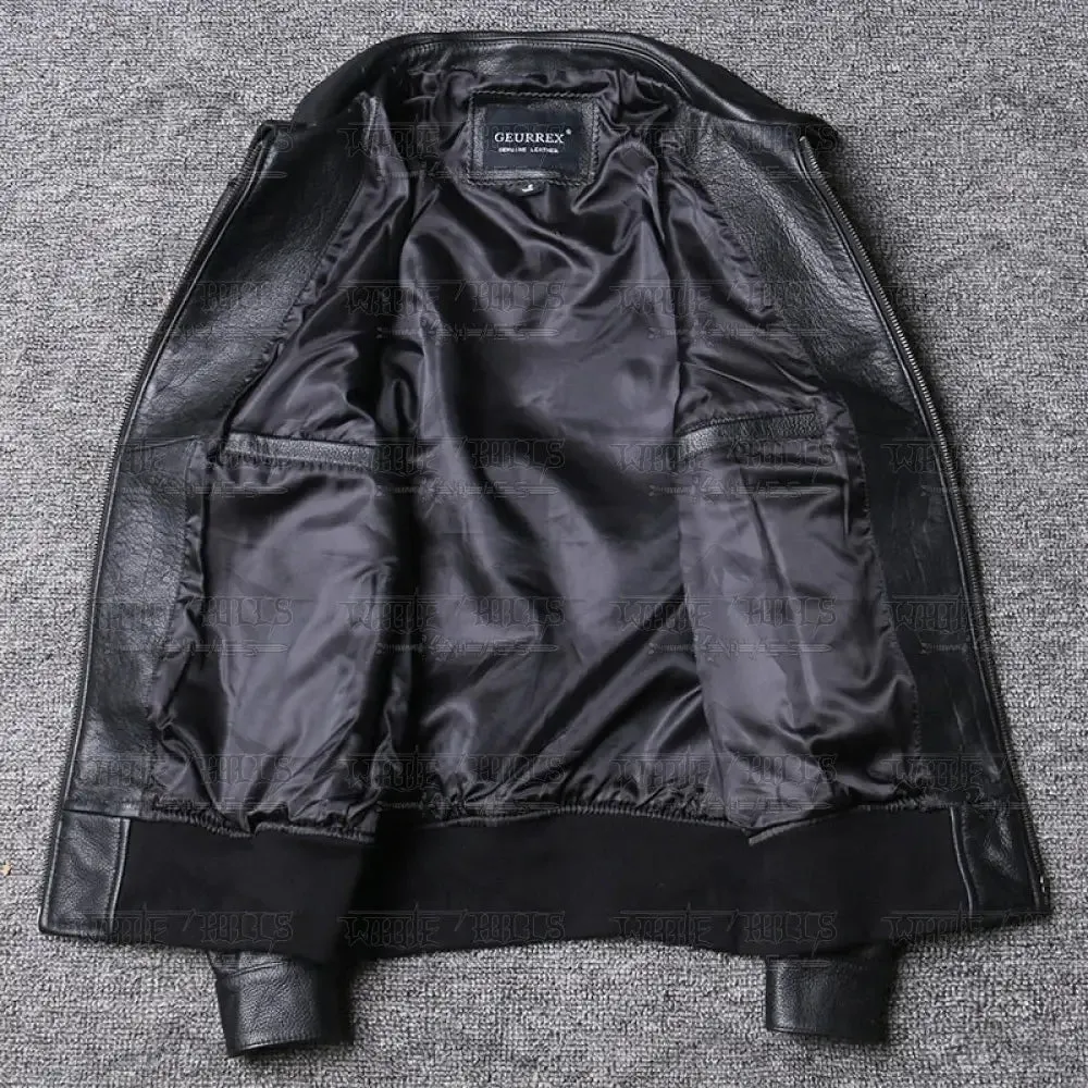 Lapel Baseball Genuine Cowhide Leather Jacket Men's