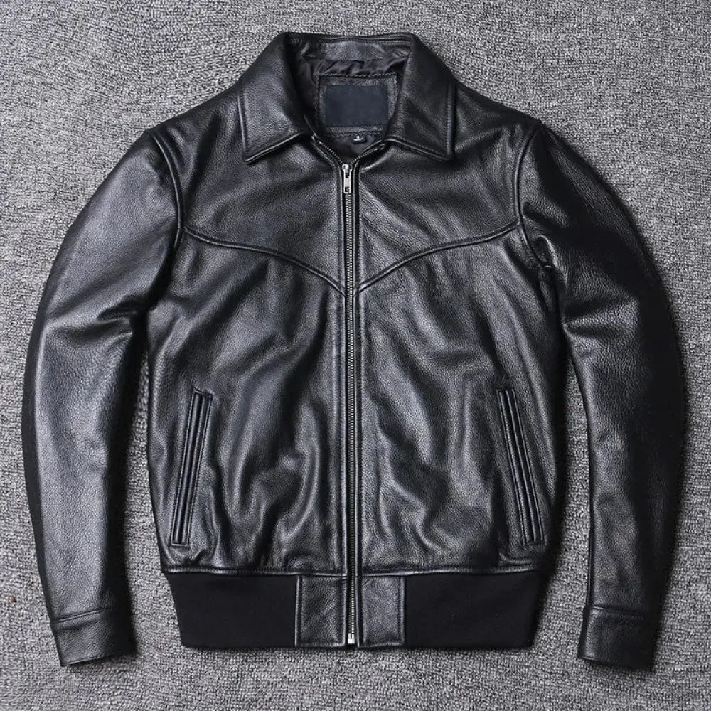 Lapel Baseball Genuine Cowhide Leather Jacket Men's