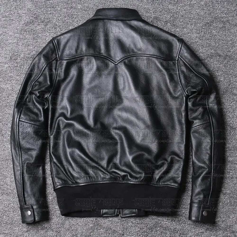 Lapel Baseball Genuine Cowhide Leather Jacket Men's