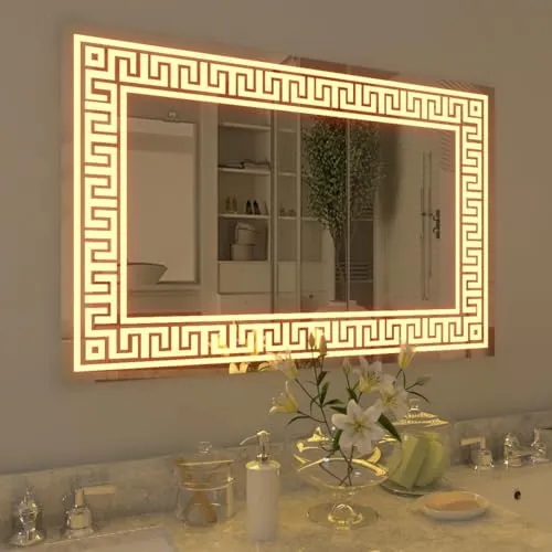 LAXMI Glass Shop Wall Mounted Led Touch Sensor Mirror with Aluminum Frame | LED Illuminated Modern Vanity Rectangle Puzzle Design Mirror for Bathroom, Bedroom & Makeup Room (24inch x 24inch)