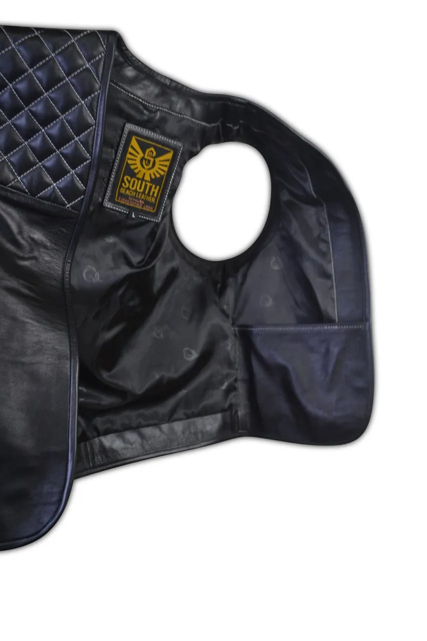 Mens Motorcycle Biker Quilted Leather Vest