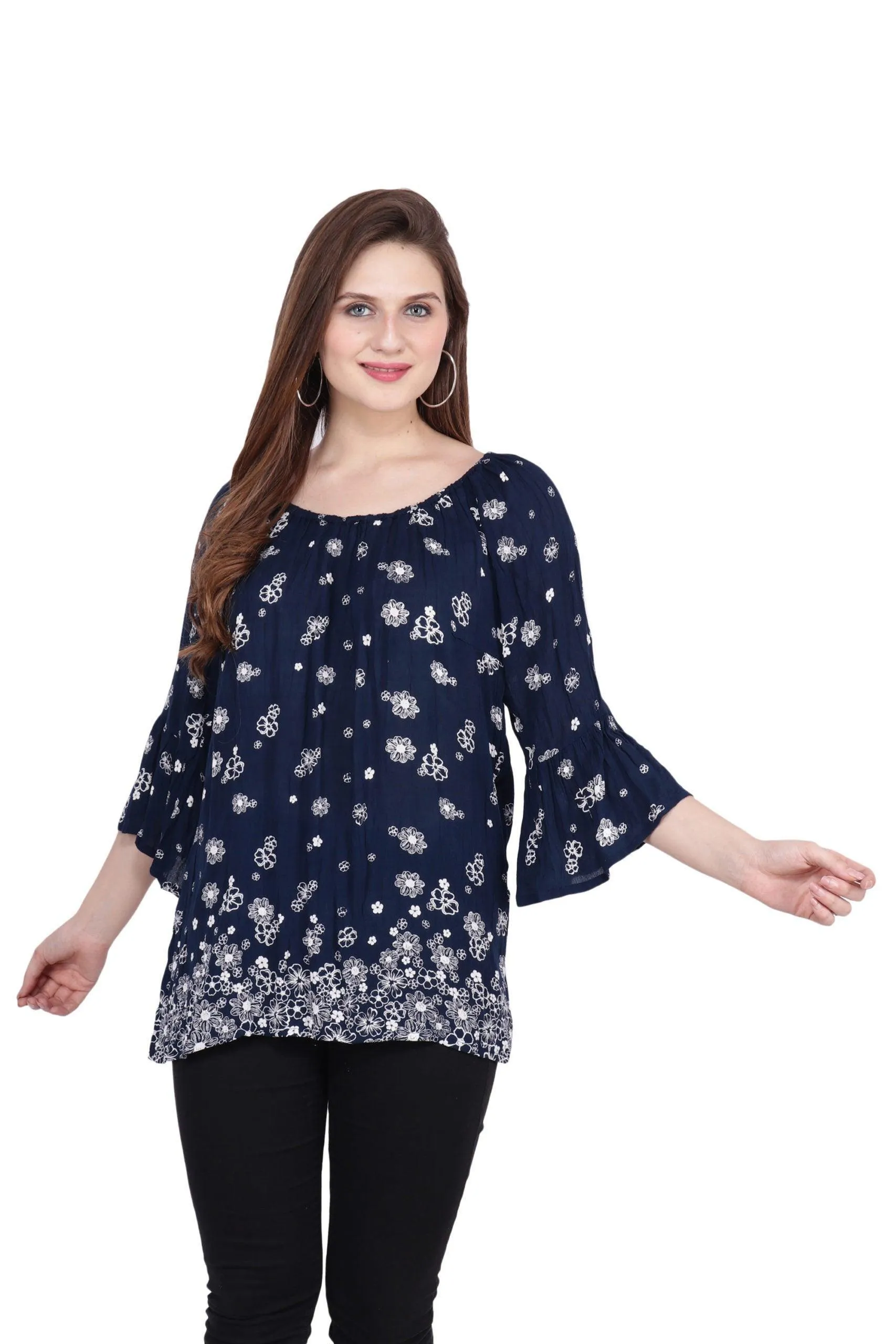 Navy Blue Floral Printed Top