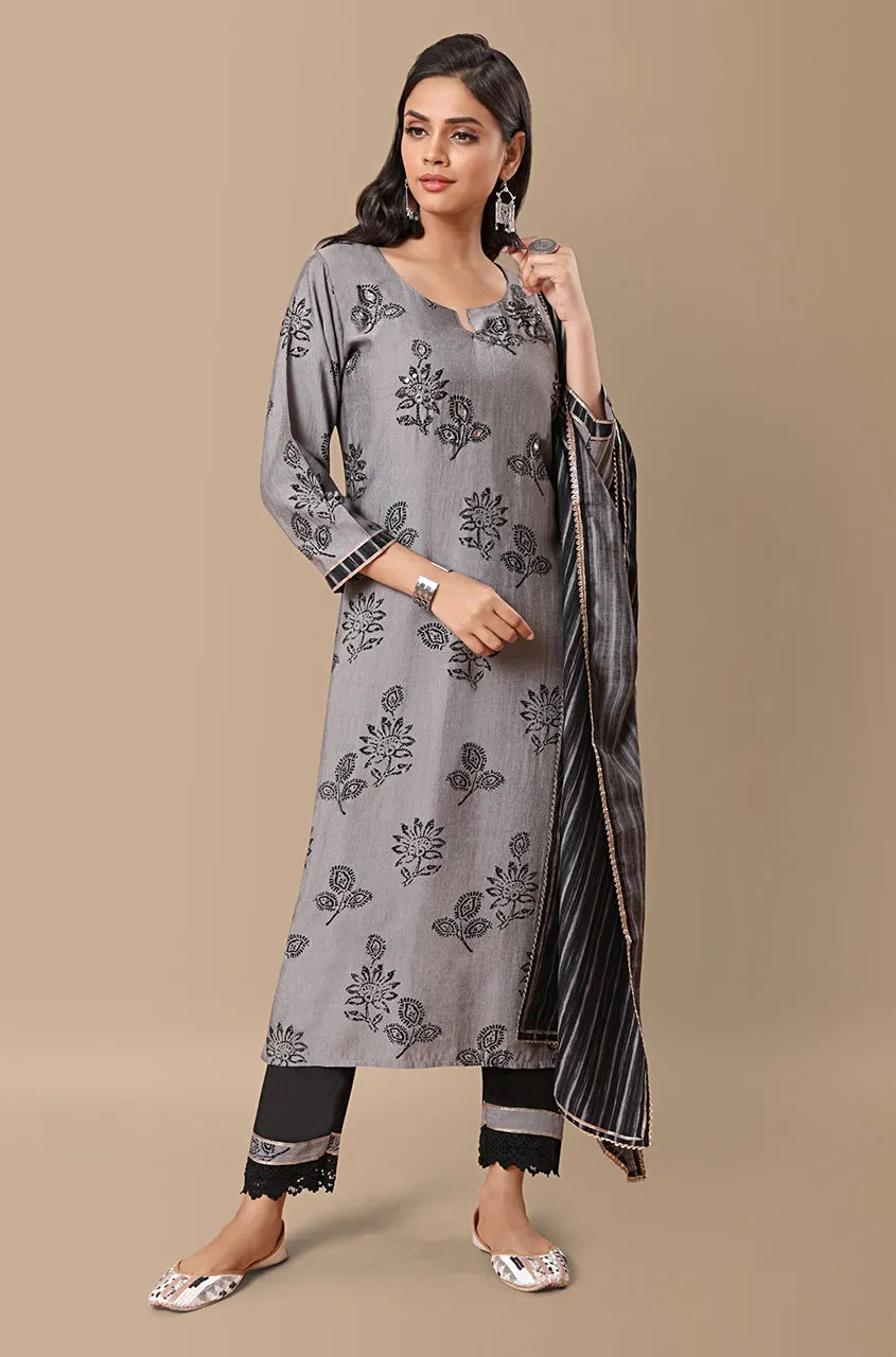 PANAAH - Floral Black 3 Piece Kurta Set with Dupatta