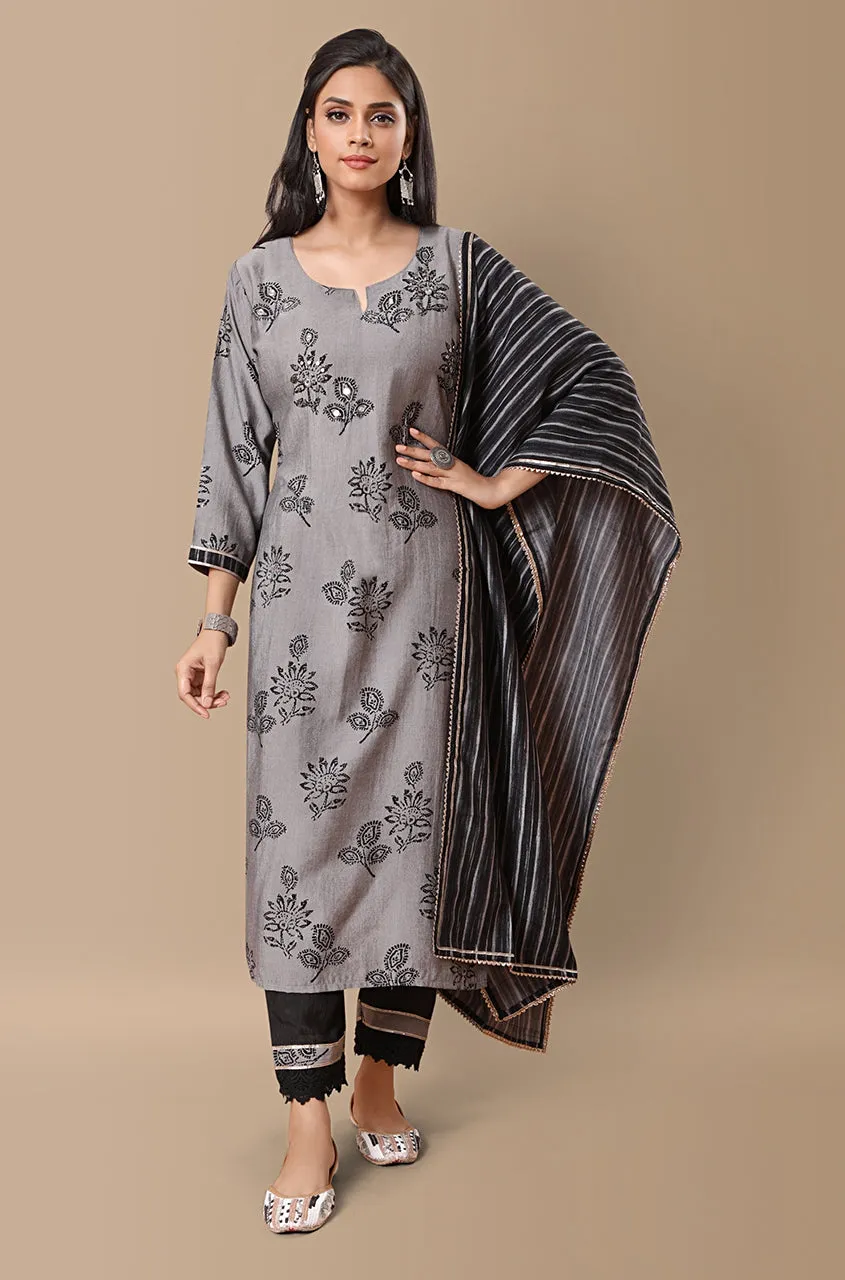 PANAAH - Floral Black 3 Piece Kurta Set with Dupatta