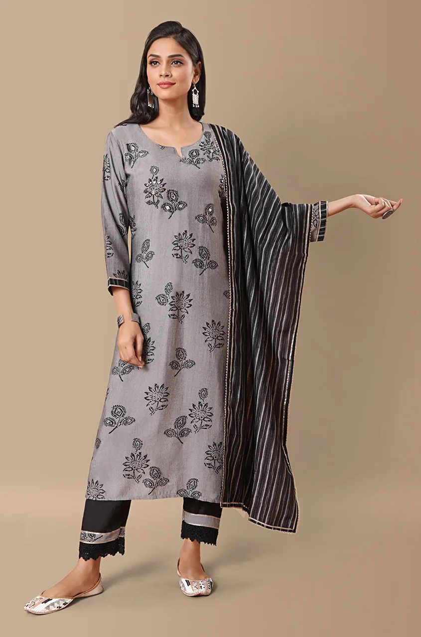 PANAAH - Floral Black 3 Piece Kurta Set with Dupatta