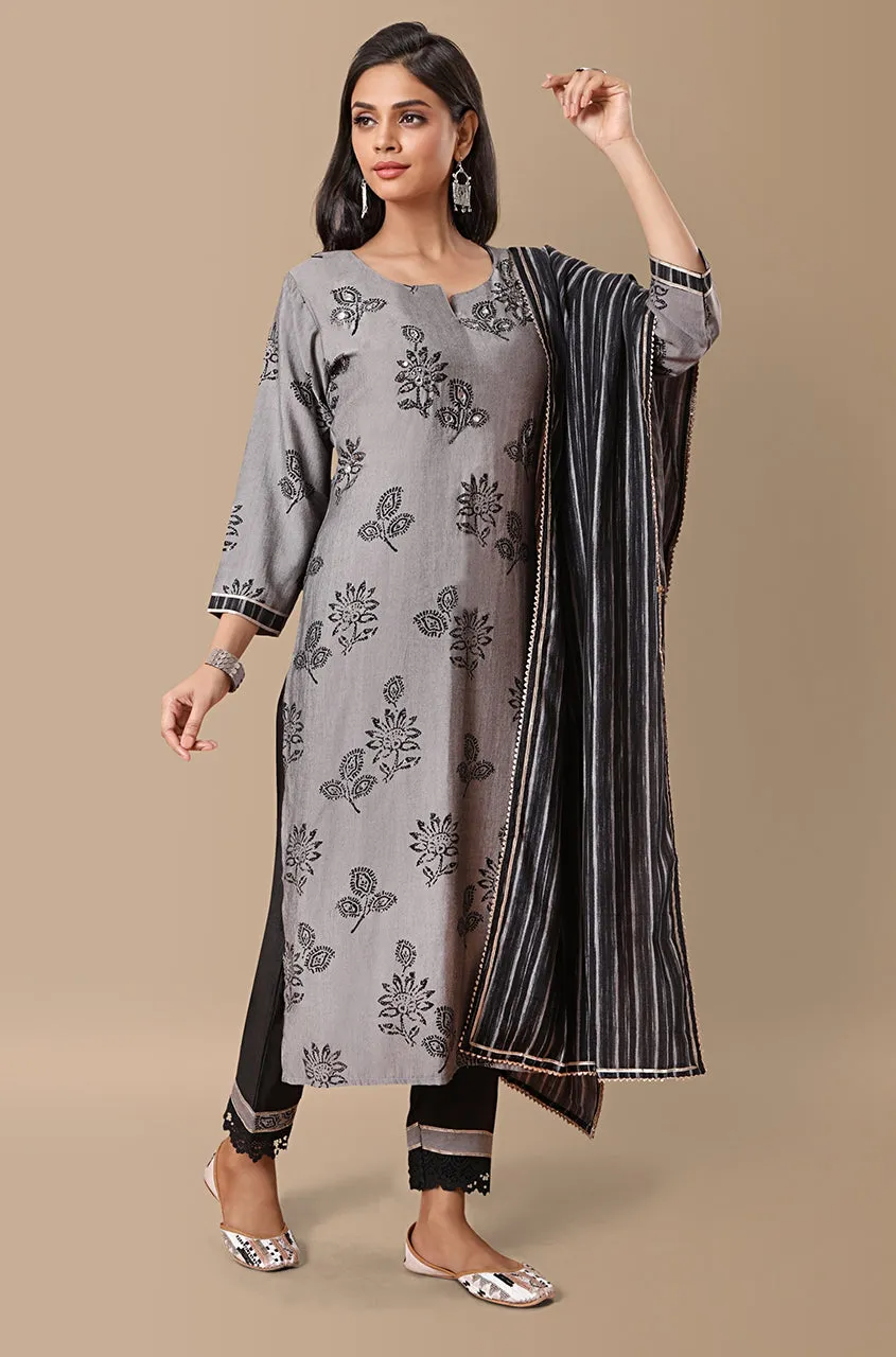 PANAAH - Floral Black 3 Piece Kurta Set with Dupatta