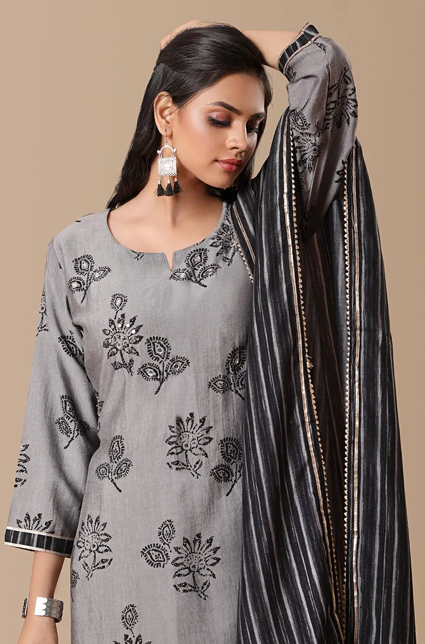 PANAAH - Floral Black 3 Piece Kurta Set with Dupatta