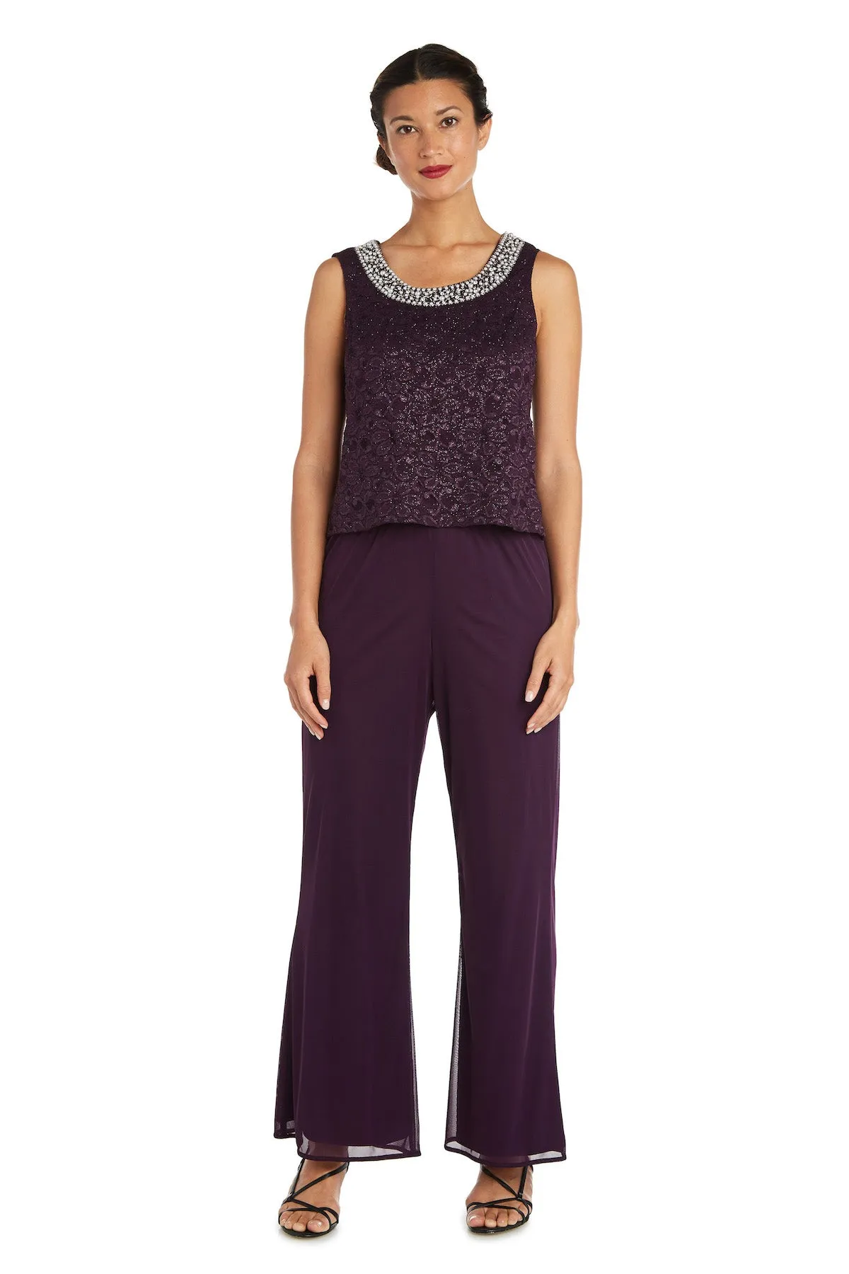 R&M Richards Women's Beaded Neck 3 Piece Long Pant Set