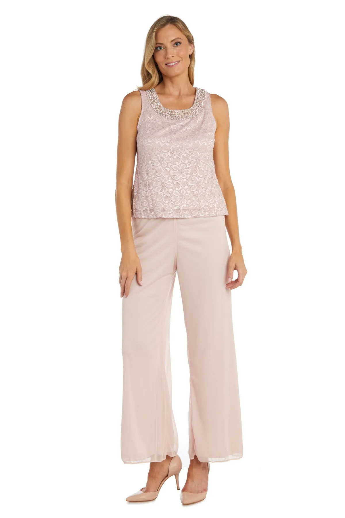 R&M Richards Women's Beaded Neck 3 Piece Long Pant Set