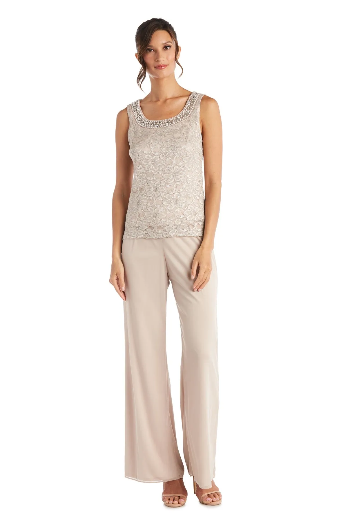 R&M Richards Women's Beaded Neck 3 Piece Long Pant Set