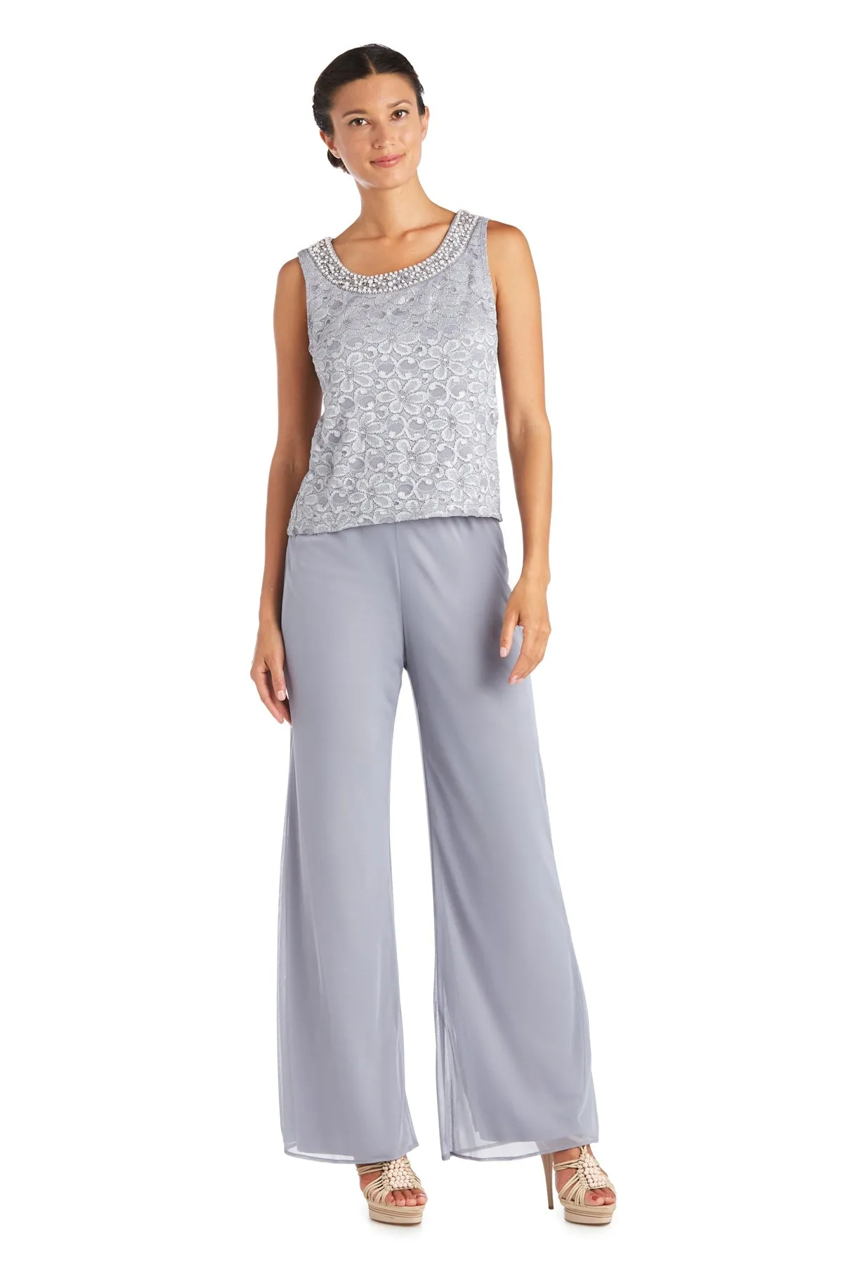 R&M Richards Women's Beaded Neck 3 Piece Long Pant Set