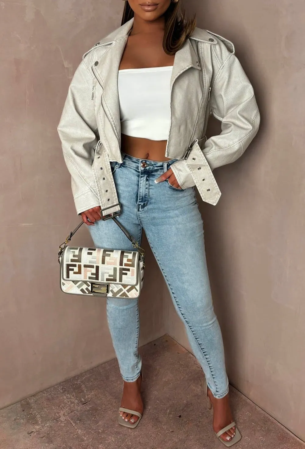 Rebel Beige Cropped Faux Leather Washed Biker Jacket