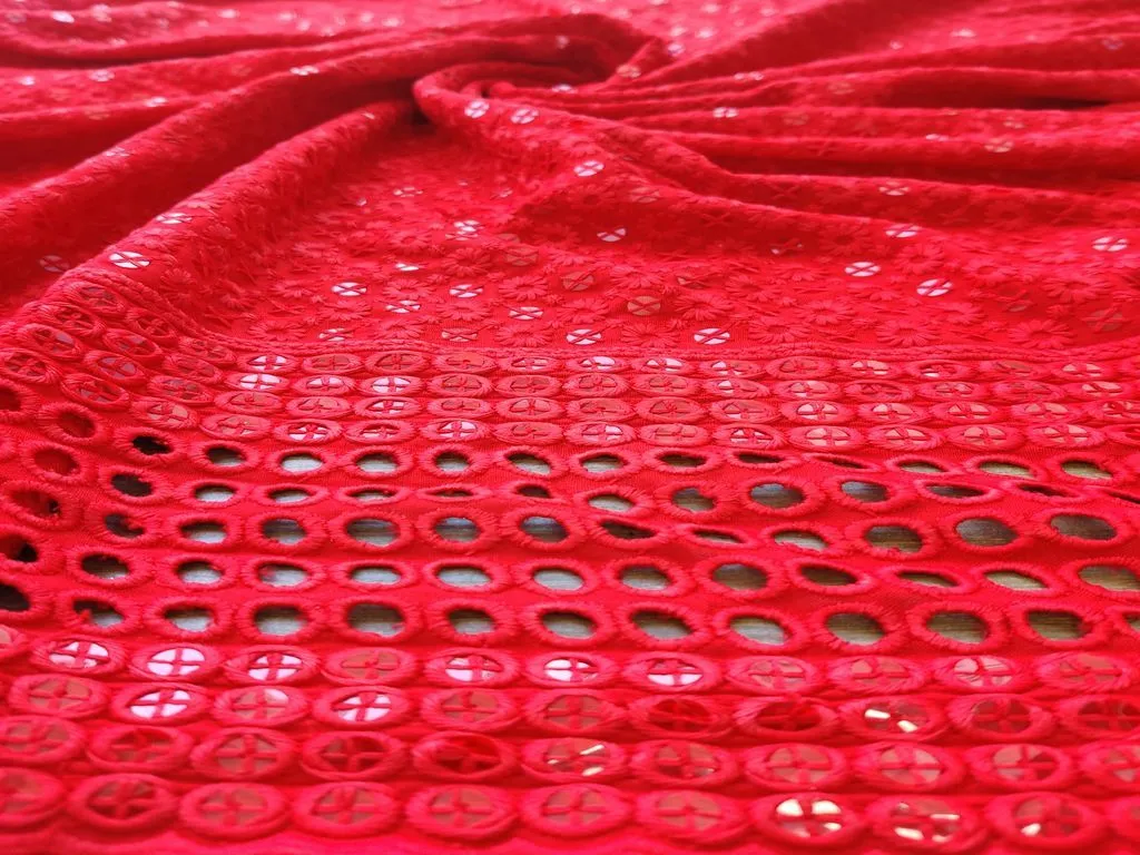 Red Chikankari Rayon Fabric with Sequins with One side Schiffli Border