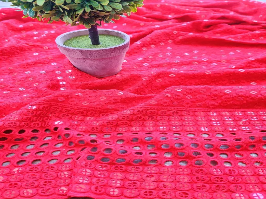 Red Chikankari Rayon Fabric with Sequins with One side Schiffli Border