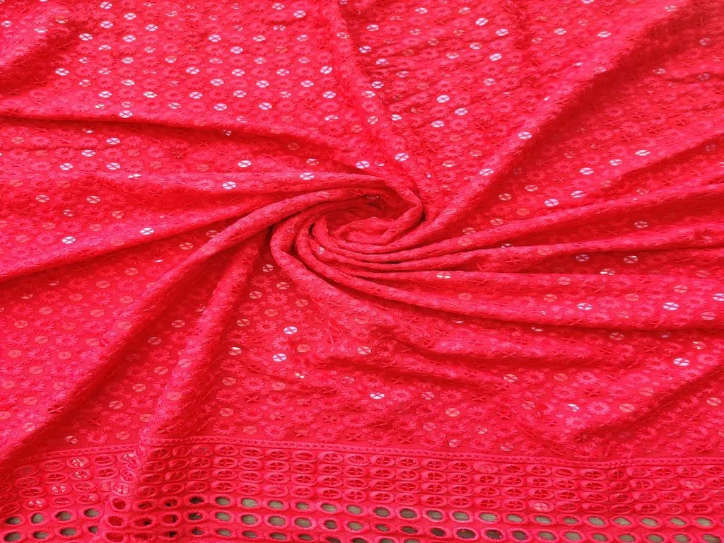 Red Chikankari Rayon Fabric with Sequins with One side Schiffli Border