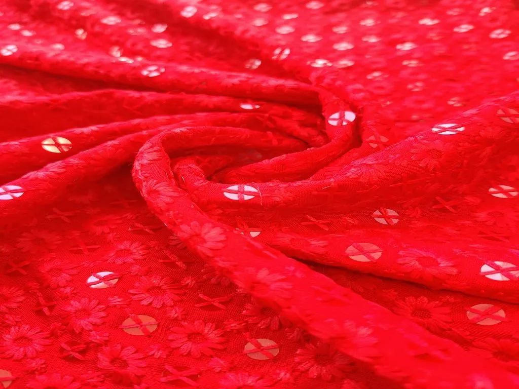 Red Chikankari Rayon Fabric with Sequins with One side Schiffli Border