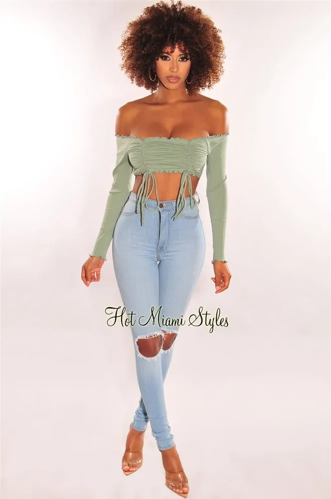 Sage Ribbed Off Shoulder Drawstring Tie Up Crop Top