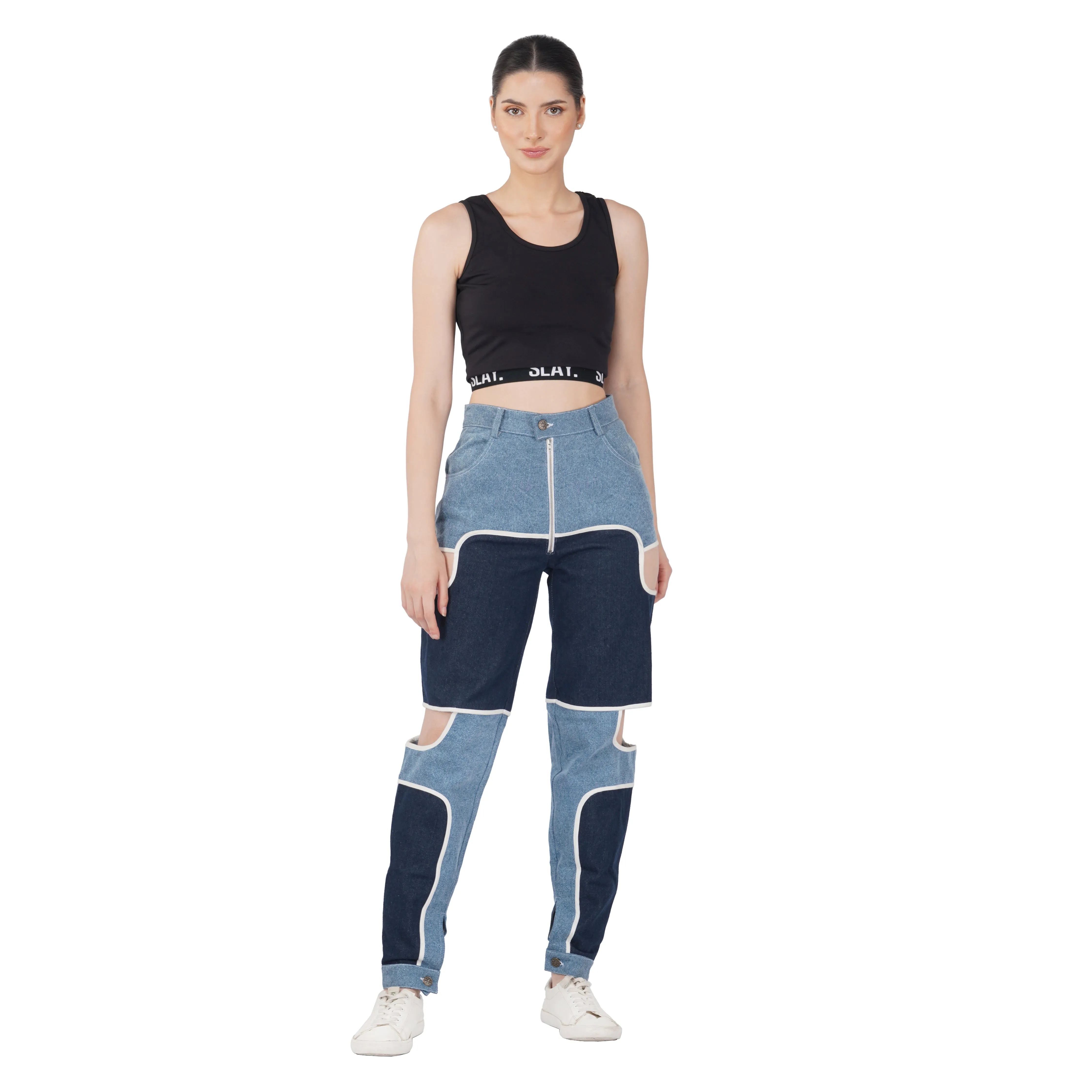 SLAY. Women's Blue & White Colorblock Denim Jeans & Crop Top Co-ord Set