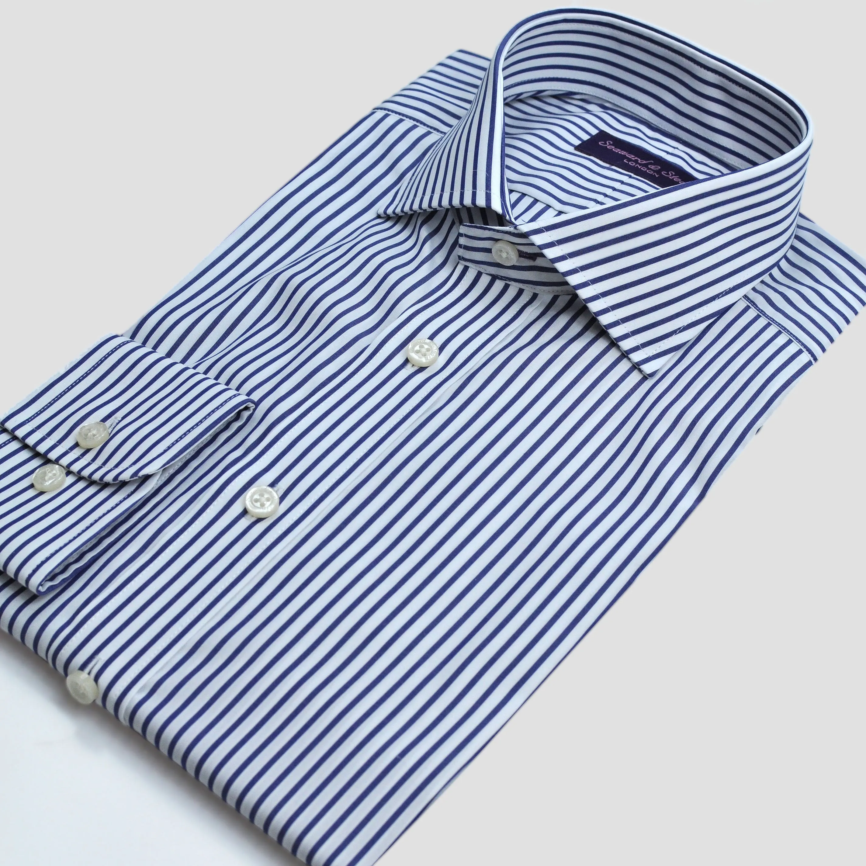 Spread Collar Bold Stripe Cotton Shirt in Blue & White