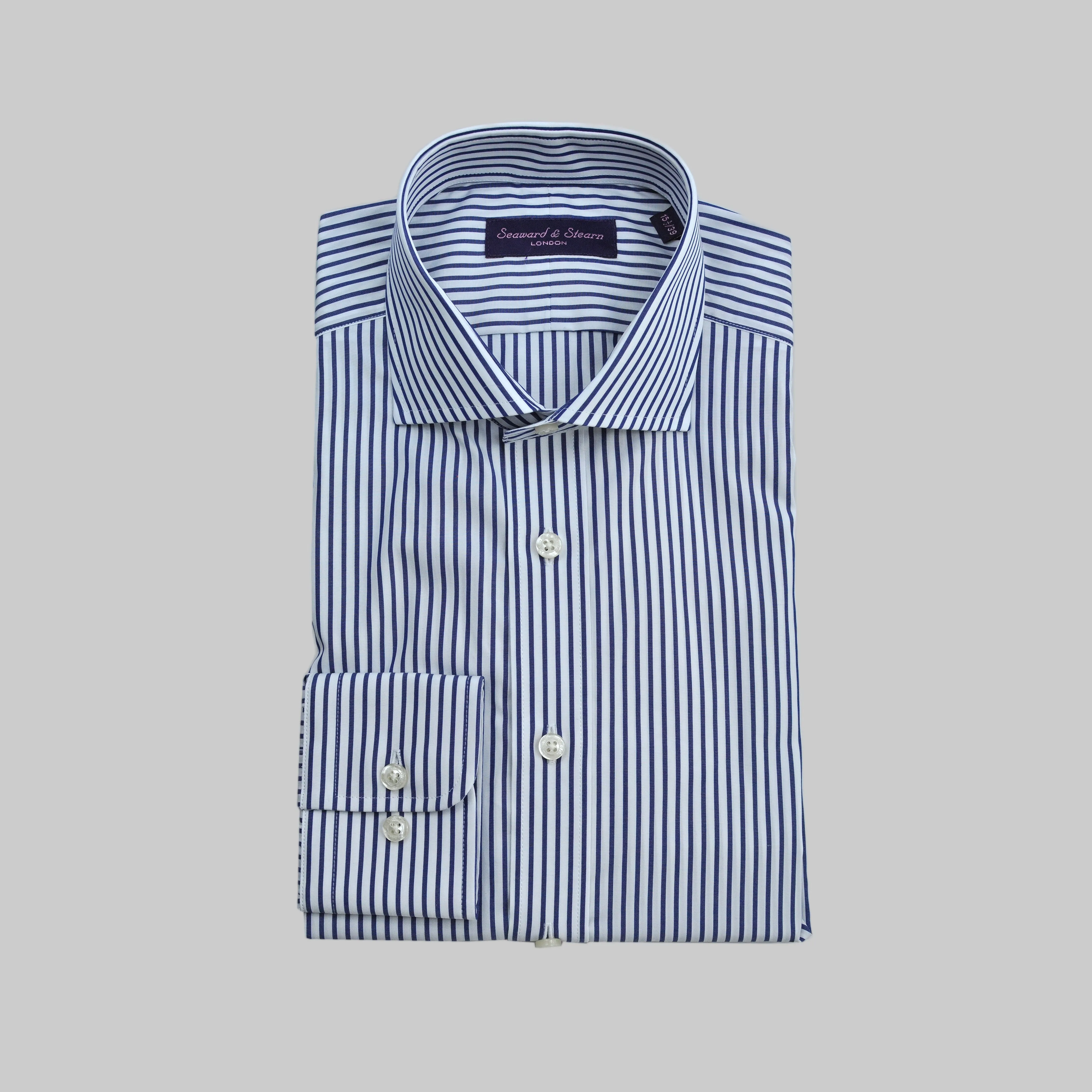 Spread Collar Bold Stripe Cotton Shirt in Blue & White