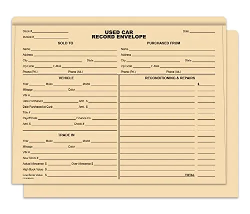 Used Car Record Envelopes for Car Dealerships and Repair Shops - 9-3/8" x 11-3/4" with 1/2" Extension - Durable 100# Buff Stock - Black Ink Printed on Short Side - Unwrapped Packs