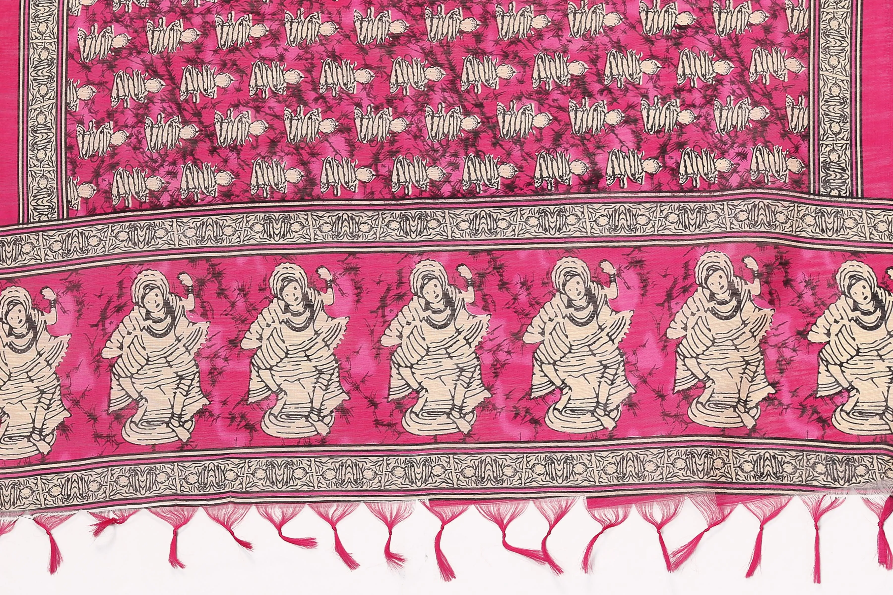 varanga pink and off white printed khadi cotton dupatta with tasselled border