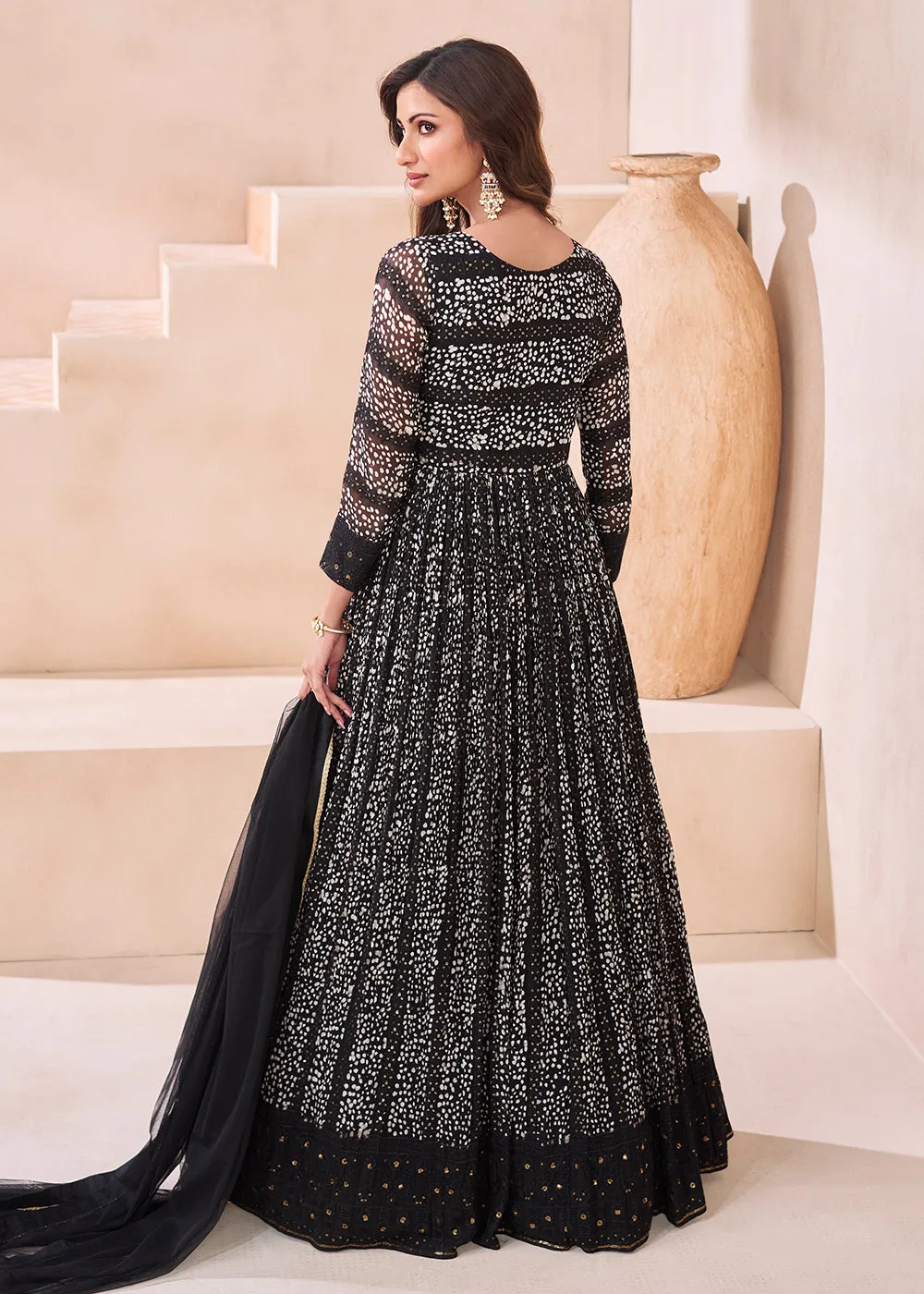 Wedding Black Real Georgette Embroidered Anarkali Gown