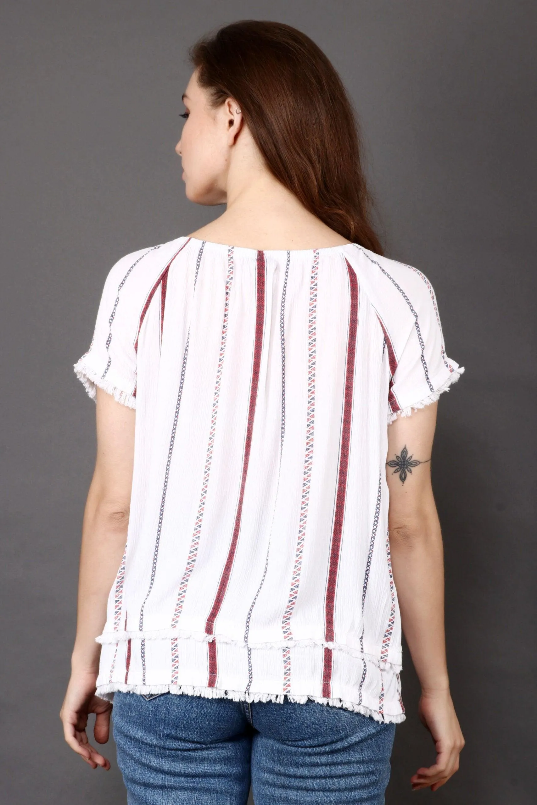 White Small Printed Top with Fringe Lace