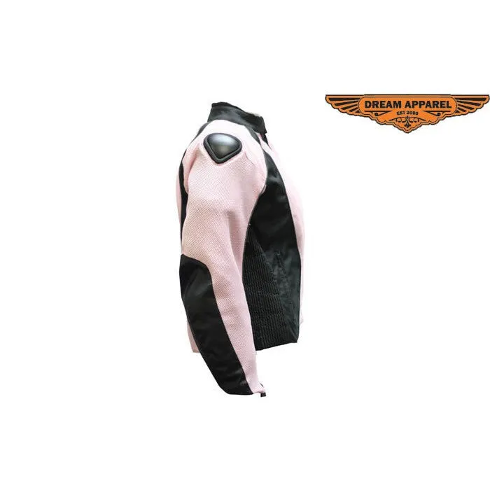 Womens Black and Pink Mesh Armored Motorcycle Jacket Reflective Stripe