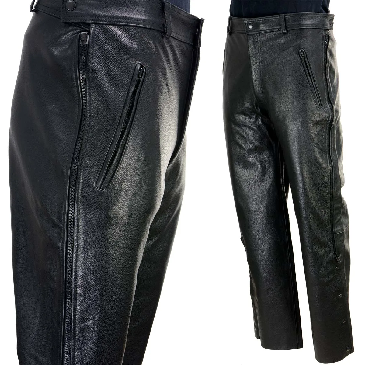 Xelement B7440 Men's Black Premium Leather Motorcycle Protective Over Pants w/ Side Zipper Entry