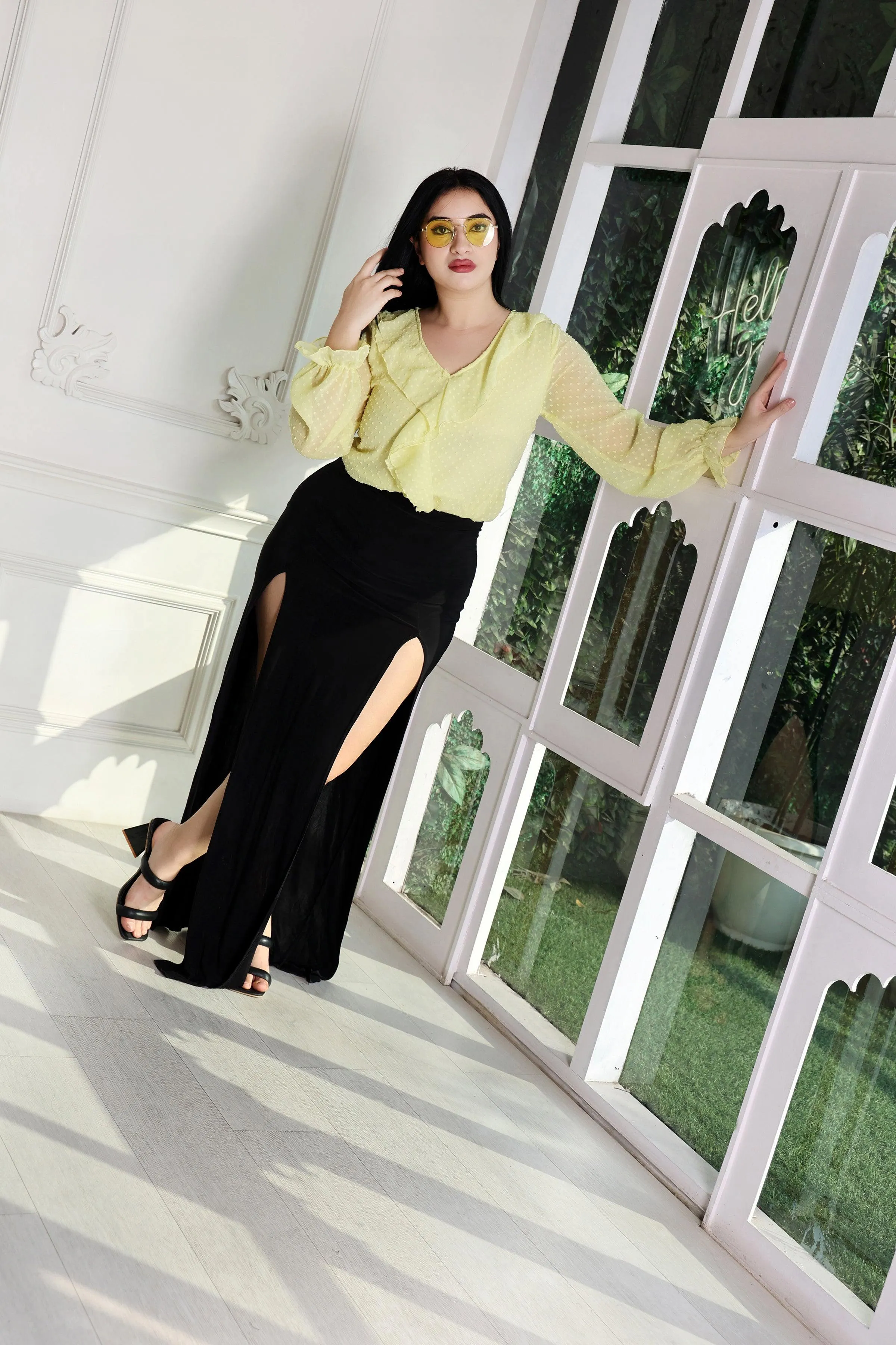 Yellow Solid Dobby Flouroscent Top