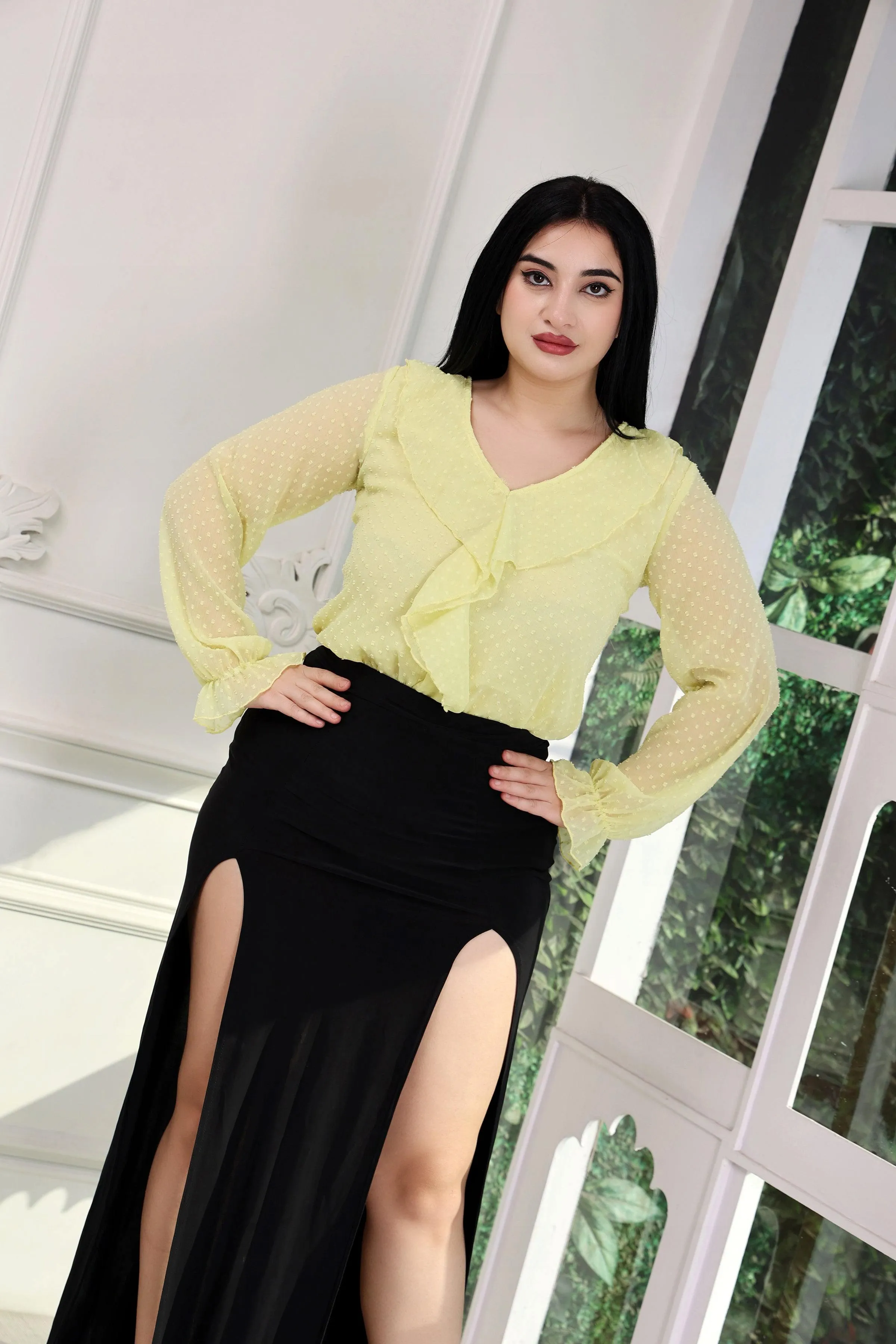 Yellow Solid Dobby Flouroscent Top